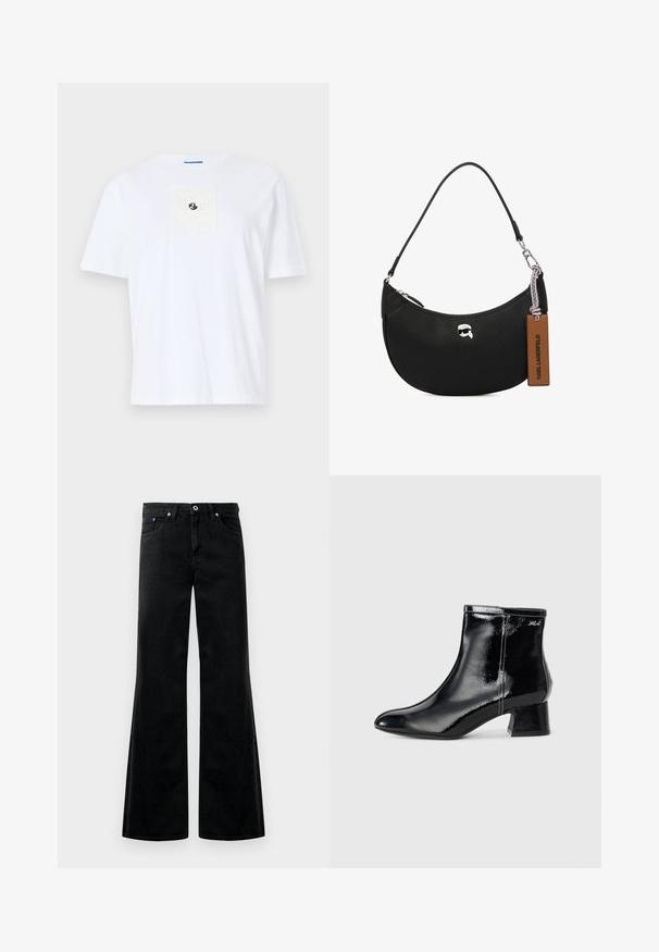 Tricou alb din bumbac cu un patch texturat pătrat pe piept, având detalii ale logo-ului în negru. Guler rotund și mâneci scurte.; Jeans din denim negru cu talie înaltă, design cu cinci buzunare și detalii de cusătură vizibile. Textură netedă cu o ușoară strălucire.; KARL LAGERFELD BONNIE - Botine clasice - black; Geantă de mână din piele neagră cu o textură granuloasă, formă curbată, închidere cu fermoar pe partea de sus, accesorii din metal argintiu și o etichetă maro. Prezintă un accent cu logo.