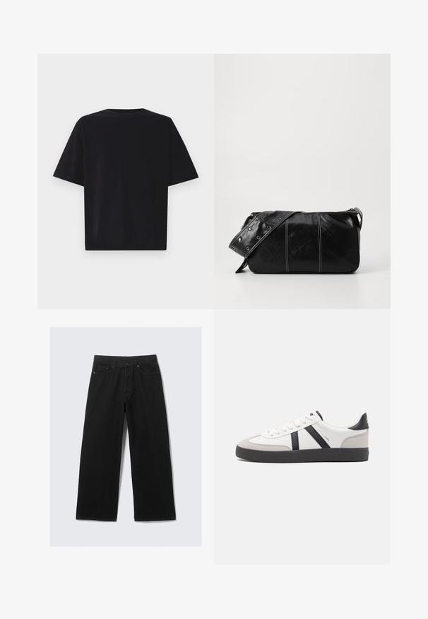 GAP ULTRA SOFT BOXY TEE - T-shirts - black; Sorte vide benbukser laget av denim, med et klassisk fem-lommers design og en strukturert linning med beltehemper.; Hvite sneakers med svarte og grå detaljer, med en teksturert grå tåhette, svart gummisåle, og flate hvite lisser. Rent design, minimalistisk stil.; Svart lær skulderveske med glidelås, med teksturert overflate, hvite sømmer og en stropp med sølvringer.