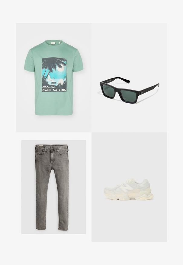 Tirana zeleni bombažni majica z grafičnim tiskom palm, lune in jadrnic, označena z "St Lucia GANT Sailing."; Sive kavbojke z oprijetim krojem, petimi žepi in šivi na šivih. Gladka tekstura, standardni pas.; Lahki športni čevlji z zgornjim delom iz mrežastega materiala in antilopa v nežnih kremnih tonih, z debelim podplatom in tridimenzionalnimi poudarki.; Črne pravokotne sončne očala z zelenimi lečami, z mat površino, ravnimi nosilci in logotipom Ray-Ban na strani.