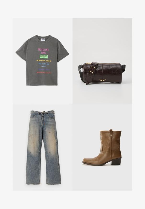 Pelēka kokvilnas t-krekls ar dažādiem spilgtiem "MOSCHINO JEANS" tekstiem, kas rakstīti dažādos fontiem, ar brīvu piegriezumu un apaļu kakla izgriezumu.; Gai zilgans džinsi ar brīvu, taisnu kāju dizainu. Iezīmējas ar noslīpēšanu, izbalēšanu un nolietojuma detaļām ap ceļgaliem. Klasisks piecu kabatu stils.; Brūnas ādas potītes zābaki ar kvadrātveida degunu, struktūru apdari un zemu sakrautu papēdi. Ir aizmugurējais cilpiņu un smalkas šūšanas detaļas.; Brūna krokodila ādas soma ar cilindrisku formu, zelta toni aparatūru un noņemamu siksnu ar studiem.