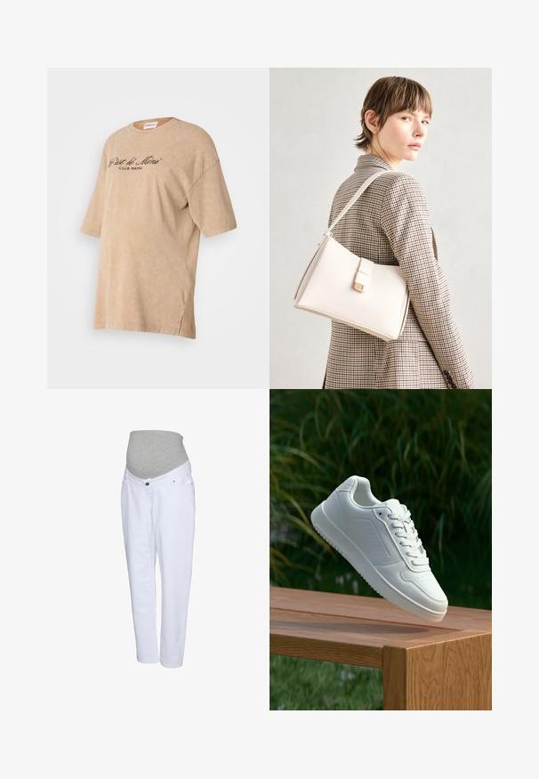Beige oversized t-shirt made of soft cotton, featuring a round neckline and short sleeves. The front has "C'est le Mini Club Mama" printed in black.; White maternity jeans with a grey elastic waistband, featuring front pockets and a straight-leg design. Made from soft denim fabric.; White sneaker with a smooth synthetic upper, perforated toe box, flat laces, and a textured sole, displayed on a wooden surface.; White leather handbag with a structured design, featuring a magnetic clasp and a shoulder strap, showcased against a neutral background.