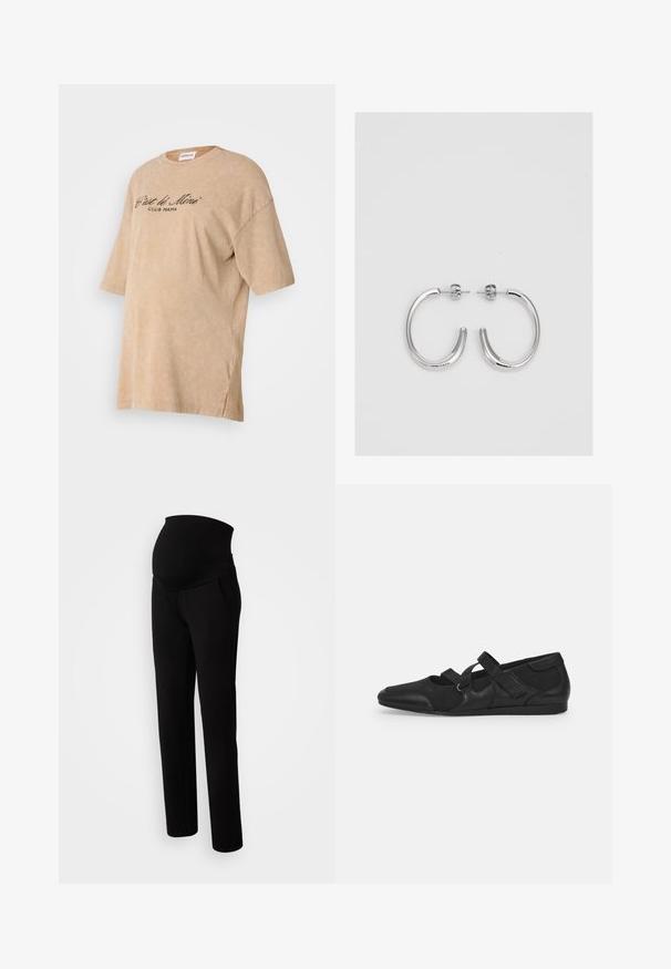Beige oversized t-shirt made of soft cotton, featuring a round neckline and short sleeves. The front has "C'est le Mini Club Mama" printed in black.; Maternity pants in black, featuring a stretchy waistband for comfort, side pockets, straight leg design, and soft fabric texture.; Black flat shoes with a soft, textured upper, featuring two adjustable straps and a rounded toe design, mounted on a flat rubber sole.; Silver hoop earrings with a smooth, shiny finish. Rounded shape, lightweight design, featuring a post-back closure.