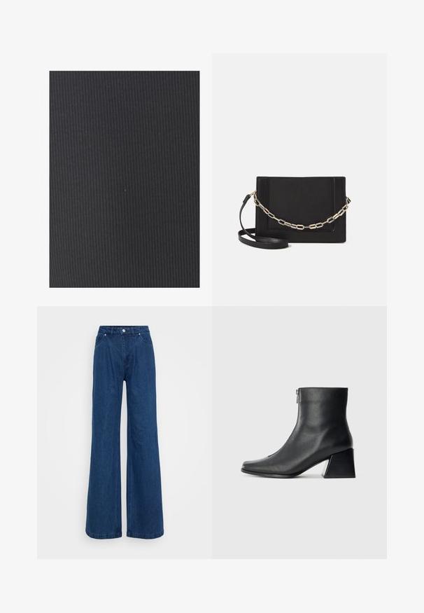 Geweven zwarte stof met verticale ribbels. Het materiaal lijkt rekbaar en soepel, geschikt voor aansluitende kleding of stoffering.; Blauwe denim jeans met wijde pijpen en een hoge taille, voorzien van een knoop- en ritssluiting aan de voorkant, en voor- en achterzakken op een effen achtergrond.; Zwarte leren enkellaars met vierkante neus, zijrits en blokhak tegen een effen lichte achtergrond.; Zwarte leren schoudertas met een gladde textuur, rechthoekige vorm en een metallic kettingdetail aan de voorkant. Verstelbare schouderband inbegrepen.