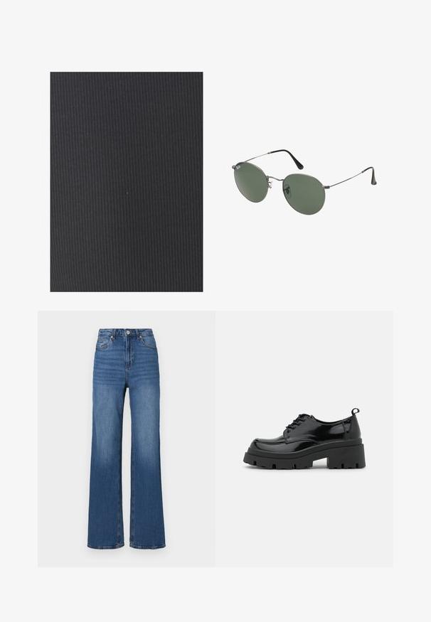 Texturált fekete szövet függőleges bordázással. Az anyag rugalmasnak és simának tűnik, alkalmas testre simuló ruházathoz vagy kárpitozáshoz.; Magas derekú, bő szárú kék farmernadrág, klasszikus öt zsebes kialakítással, a nadrág szárain pedig finom kopásnyomokkal.; Fekete lakkbőr cipők vastag talppal és széles fűzővel. Kerek orr, minimális díszítés és egy kis sarkantyú a hátsó részén.; Fémkeretes napszemüveg ovális zöld lencsékkel. Vékony ezüst színű fémkeret és fekete fülrész. Minimalista dizájn, látható logók nélkül.