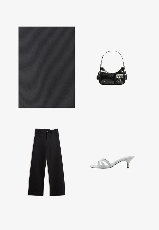Texturovaná černá tkanina s vertikálním žebrováním. Materiál se zdá být elastický a hladký, vhodný pro přiléhavé oblečení nebo čalounění.; Černé denimové kalhoty s volným střihem a vysokým pasem, vybavené předními a zadními kapsami, prošívanými švy a knoflíkovým zapínáním. Hladká textura.; Světlé šedé sandále na podpatku se třemi křížovými pásky, štíhlým profilem a zužujícím se podpatkem. Hladký povrch s mírně lesklým vzhledem.; Černá lakovaná kožená kabelka s křivkovým tvarem, jedním ramenním popruhem, předními kapsami a stříbrnými kovovými detaily.