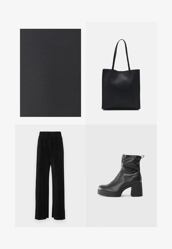 Tekstūrēta melna auduma ar vertikālām ribām. Materiāls izskatās elastīgs un gluds, piemērots pieguļošai apģērbu vai mēbeļu apdarei.; Melni plīšu bikses ar elastīgu jostu. Tām ir platākas kājas un gluda, teksturēta auduma ar vertikālām svītrām.; Melni potītes zābaki, kas izgatavoti no gludas ādas, ar sānu rāvējslēdzēju, masīvu strukturētu papēdi un noapaļotu purngalu.; Melnas ādas somiņa ar gludu tekstūru, taisnstūra formu un divām garām rokturiem. Nav redzamu aparatūras vai rotājumu.