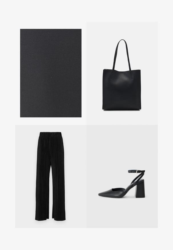 Texturovaná čierna látka s vertikálnym ryhovaním. Materiál sa zdá byť elastický a hladký, vhodný pre priliehajúce oblečenie alebo čalúnenie.; Čierne plisované nohavice s elastickým pásom. Majú široké nohavice a hladkú, textúrovanú látku s vertikálnymi pruhmi.; Čierne kožené lodičky s špicatou špičkou a členkovým remienkom, s masívnym podpätkom. Hladký povrch, elegantný dizajn a minimalistická estetika.; Čierna kožená taška na rameno s hladkým povrchom, obdĺžnikovým tvarom a dvoma dlhými uchami. Bez viditeľného kovania alebo ozdôb.