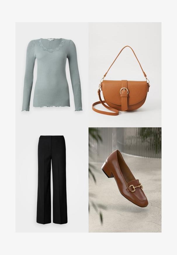 Langarm, ribbeltrui in gedempt groen met een scalloped, kantafgewerkte halslijn. Zachte textuur en aansluitend ontwerp.; Zwarte wijde broek van een gladde stof, met een hoge taille, nauwkeurig gestikte naden en een minimalistisch ontwerp. Geen zichtbare hardware of zakken.; Bruine lakleren loafer met vierkante neus, metallic kettingaccent en lage blokhak; gladde textuur, minimalistisch ontwerp.; Bruine leren schoudertas met een gebogen vorm, gouden hardware en een gespaccent. Bevat een afneembare schouderriem.