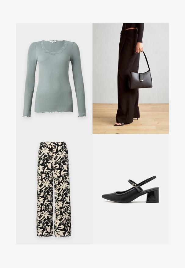 Ilga rankovė, raukšlėta palaidinė prislopinto žaliai su nerašytiniu, nėriniuotu apykaklės kraštu. Minkšta tekstūra ir prigludusi forma.; Juodos plačios kojos kelnės su grietinėlės spalvos gėlių raštu. Pagamintos iš lengvos medžiagos, pasižyminčios lygiapass viršutine tekstūra ir aukštu liemeniu.; Juodi patentinio odos slingback aukštakulniai su smailiu pirštu, apvaliu išpjovimu ir blokiniu kulnu. Papuošti auksiniu juostos akcentu.; Juodas rankinė struktūrizuota forma, lygi tekstūra ir metalinis užsegimas. Suporuota su plačiomis juodomis kelnėmis ir atvirais bateliais ant medinių grindų.