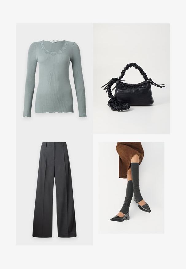 Hosszú ujjú, bordázott felső tompa zöld színben, csipkés, fodros kivágással. Puha tapintású és testhez simuló fazon.; Széles szárú nadrág sötétszürke anyagból, magas derekú, egyes redőkkel, sima textúrával és tiszta befejezéssel a szegélyeken.; Fekete lakk bőrből készült, hegyes orrú cipők, tömbsarkúakkal és bokapánttal, szürke bordás lábszármelegítőkkel és barna velúr szoknyával párosítva.; Fekete műbőr kézi táska krokodil bőr textúrával, összehúzható tetejű és gyűrt pánttal. Lágy és kompakt dizájnúnak tűnik.