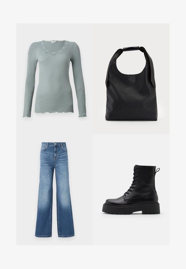 Dlhý rukáv, rebrovaný top v tlmenej zelenej farbe s okrajom zdobeným čipkou a vlnitým výstrihom. Mäkká textúra a priliehavý strih.; Svetlo modré denimové džínsy s širokými nohavicami a vysokým pásom, vybavené piatimi vreckami, pútkami na opasok a jemným efektom vyblednutia smerom k spodnému okraju.; Čierne kožené členkové topánky s okrúhlou špičkou, šnurovaním vpredu a hrubou gumovou podrážkou s textúrovaným vzorom. Sťahovací pútko na zadnej strane.; Čierna kožená hobo taška s jedným mäkkým, zaobleným uchom; má hladkú textúru a minimalistický dizajn. Žiadne viditeľné kovanie ani akcenty.; Strieborné kruhové náušnice s minimalistickým dizajnom. Cirkulárny tvar, hladký povrch a tenký profil. Ľahké s lesklým povrchom.