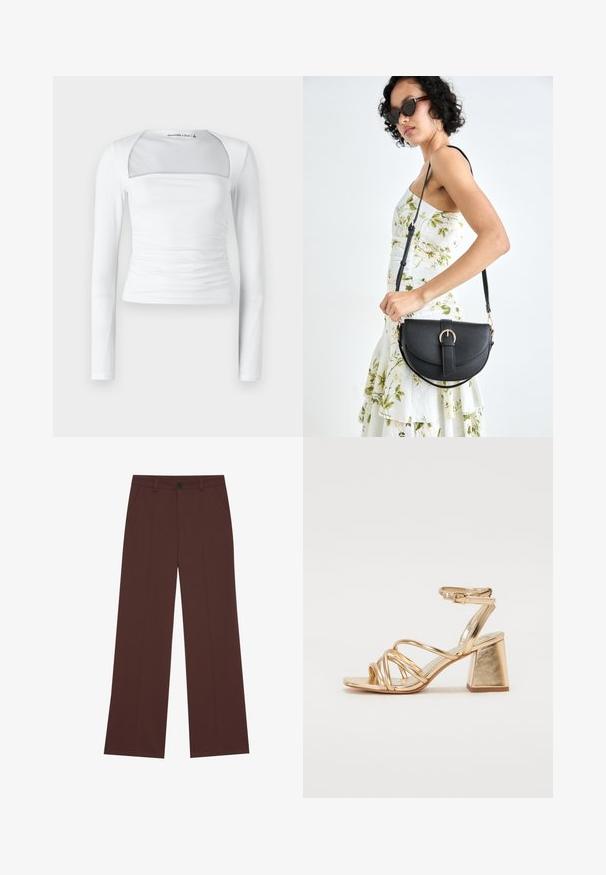 White long-sleeve top with a square neckline, featuring a sheer panel, gathered side details, and smooth stretch fabric.; Wide-leg trousers in a rich brown fabric. Features a button closure, two front pockets, smooth texture, and clean lines.; Gold metallic heeled sandals featuring a strappy design, square block heel, and adjustable ankle strap with a buckle. Smooth texture.; Black leather handbag with a curved shape, detachable strap, and gold hardware. The bag features a flap with a buckle detail.