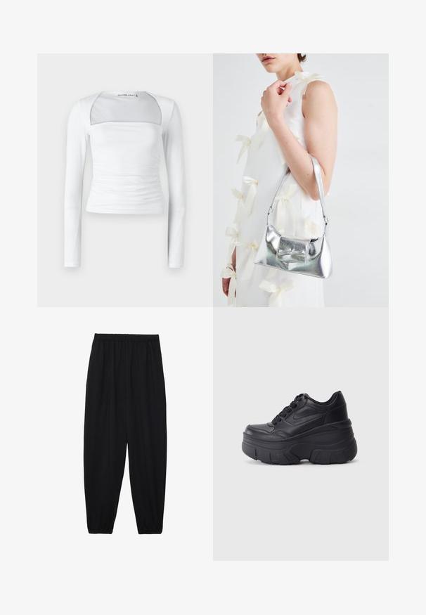 Weißes Langarmoberteil mit quadratischem Ausschnitt, das über ein transparentes Paneel, geraffte Seitendetails und glattes, dehnbares Material verfügt.; Schwarze, leichte Hosen mit einem elastischen Bund und gerafften Knöcheln. Der Stoff ist glatt und hat ein entspanntes, schmal zulaufendes Design.; Schwarze Schnürsneaker mit einer klobigen Sohle, ausgestattet mit einem glatten Leder-Obermaterial, runder Zehenpartie und markantem, geschichteten Plattformdesign.; Silberne metallische Handtasche mit strukturierter Form, ausgestattet mit einem oberen Griff und einer Schleifenapplikation auf der Vorderseite. Glatte Textur, reflektierendes Finish.