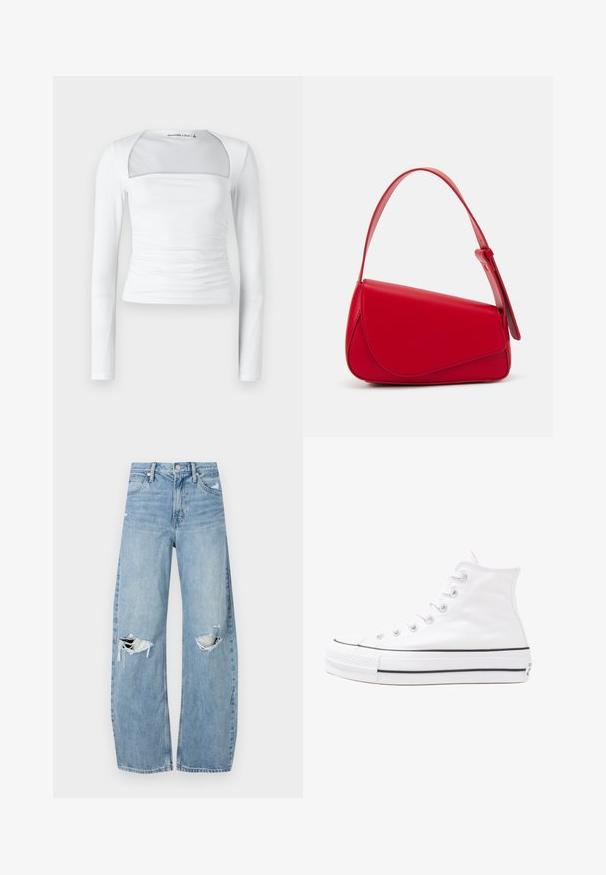 White long-sleeve top with a square neckline, featuring a sheer panel, gathered side details, and smooth stretch fabric.; Light blue, high-waisted jeans made of denim. Feature wide legs, two torn knee areas, and classic five-pocket styling.; White high-top canvas sneaker with black rubber sole, front rubber toe cap, and six eyelets for laces, featuring a clean, minimalist design.; Red leather handbag with an angular, geometric design. Features a single adjustable strap and a flap closure with stitched detailing.