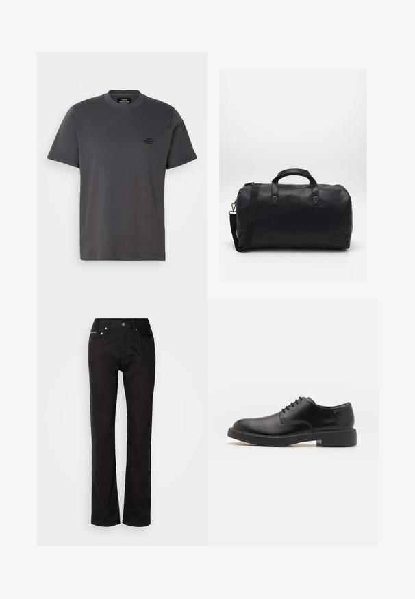 Hallharjas puuvillane T-särk lühikeste varrukatega, ümmargune kaelus ja väike must logo rinnal. Sujuv tekstuur, lõdva lõikega, minimaliseeritud disain.; Mustad teksased otse sääre disainiga, nupu kinnitusega, viie taskuga ja minimaalse õmblusega, et saavutada puhas välimus.; Must beemel levalis kingad ümarate varvastega, sileda pinnaga, minimaalsete õmblustega ja madala kummist kontsaga. Logo kontsa peal.; Must musta käsnaga valmistatud tekstureeritud sünteetilisest materjalist. Omab kahte käepidet ja reguleeritavat õlavarre rihma. Lihtne disain ilma nähtavate mustriteta.