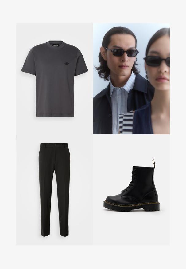 Grå bomull t-shirt med korta ärmar, rund hals och en liten svart logotyp på bröstet. Slät textur, avslappnad passform, minimalistisk design.; Svarta byxor tillverkade av slät tyg, med raka ben, knappstängning och en klassisk design som passar för både formell och avslappnad användning.; Svarta läderankelboots med snörning framtill, gul söm, rund tå och en tjock, texturerad gummisula.; Svarta solglasögon med vinklade bågar som bärs av en man och en kvinna. Mannen har en blå och vit randig skjorta under en mörk jacka; kvinnan har en mörk, mönstrad topp.