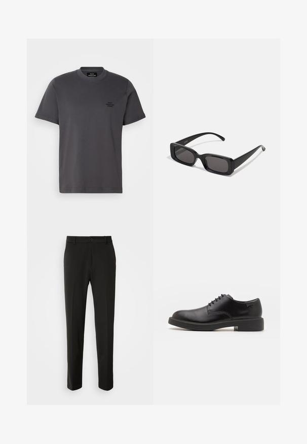 Pilkas medvilninis marškinėlis trumpomis rankovėmis, apvaliu kaklu ir mažo juodo logotipo krūtinėje. Lygus paviršius, laisvas kirpimas, minimalus dizainas.; Juodi kelnes, pagamintos iš lygaus audinio, su tiesiomis kojomis, mygtuko uždarymu ir klasikiniu dizainu, tinkamu tiek formaliai, tiek kasdienei aprangai.; Juodas odinis batų modelis su raišteliais, apvaliu nosiu, lygiu paviršiumi, minimaliai siuvinėjimu ir žemu guminėmis pakulne. Ant pakulnės šalia logo.; Juodos stačiakampės saulės akiniai su tamsiais lęšiais, blizgiu paviršiumi, plačiomis kojelėmis ir masyviu rėmeliu. Ant vienos kojelės yra išgraviruotas prekės ženklas.