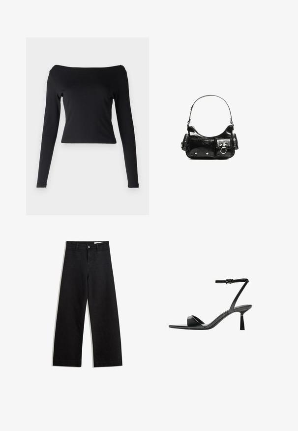 Fekete, hosszú ujjú felső, vállról lelógó dekoltázzsal. Simogató, rugalmas anyagból készült. Rövidített fazon, testhez simuló silhuettel.; Fekete, bő szabású farmernadrág magas derékkal, elülső és hátsó zsebekkel, varrott felületekkel és gombos záródással. Sima textúra.; Bershka Magas sarkú szandálok - black; Fekete lakkbőr kézitáska ívelt formával, egy vállpánttal, elülső zsebekkel és ezüstszínű fémrészletekkel.