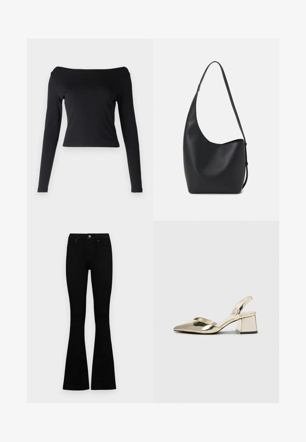 Fekete, hosszú ujjú felső, vállról lelógó dekoltázzsal. Simogató, rugalmas anyagból készült. Rövidített fazon, testhez simuló silhuettel.; Fekete, magas derekú farmernadrág gomb- és cipzárzárral, elülső zsebekkel és harangszárral, laposan egy fehér háttérre terítve.; Arany, fémből készült slingback sarkú cipők hegyes orral és vastag sarokkal. Simaság, minimalista design és keskeny pánt jellemzi.; Fekete bőr hobo táska sima textúrával, ívelt formával és egyetlen állítható pánttal; széles nyílás található a tetején.