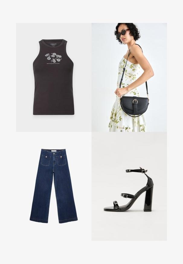 Temno siva brezrokavna majica iz rebrastega materiala s praktičnim belim cvetličnim vezenjem in napisom "dobre stvari potrebujejo čas, da zrastejo" centriranim spodaj.; Temno modri široki jeans iz denima, z dvema sprednjima žepoma s dekorativnimi gumbi in ravnim robom.; Črne lakirane sandale s peto, kvadratnim prstom, trakovi okrog gležnja in srebrnimi zaponkami. Opremljene so s stabilno Debelo peto.; Črna usnjena torbica s ukrivljeno obliko, z odstranljivo naramnico in zlatimi dodatki. Torbica ima pokrov s podrobnostmi v obliki zaponke.