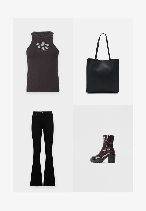 Tmavě šedý bezramenný top z žebrovaného materiálu, který je zdobený bílou květinovou výšivkou a textem "dobré věci potřebují čas, aby vyrostly" umístěným centru pod výšivkou.; Černé vysoké džíny s knoflíkem a zipovým zapínáním, předními kapsami a rozšířenými nohavicemi, ležící na bílé podložce.; Lesklá bordó kotníková bota s masivním černým podpatkem, se hladkým povrchem a jednoduchým designem. Žádné viditelné zapínání ani vzory.; Černá kožená taška přes rameno s hladkým povrchem, obdélníkovým tvarem a dvěma dlouhými uchy. Žádné viditelné kování ani ozdoby.