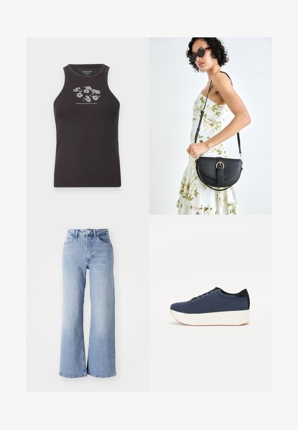 Dark gray sleeveless tank top made of ribbed fabric featuring white floral embroidery and text "good things take time to grow" centered below.; Light blue high-waist wide-leg jeans with front and back pockets, button closure, and subtle fading on the thighs and hems.; Navy blue sneaker with a textured fabric upper, white platform sole, rounded toe, and black heel accent. Features six eyelets for laces.; Black leather handbag with a curved shape, detachable strap, and gold hardware. The bag features a flap with a buckle detail.