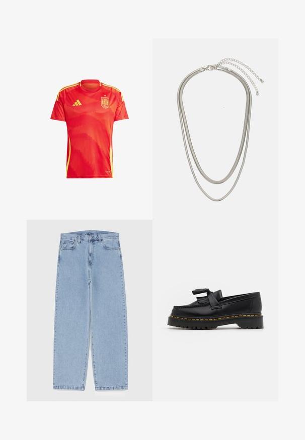 Červené sportovní tričko s krátkým rukávem, zdobené texturovaným vzorem, žlutými akcenty a logem španělského národního fotbalového týmu.; Světle modré džíny s rovnými nohavicemi, středním pasem, pěti kapsami a zapínáním na knoflík a zip.; Černé kožené mokasíny s třásněmi, se silnou černou podrážkou a žlutým prošíváním podél okraje. Texturovaný povrch.; Vícevrstvý stříbrný kovový náhrdelník s elegantními, flexibilními řetízky s jemným leskem, zabezpečený karabinkou a nastavitelným řetízkem.