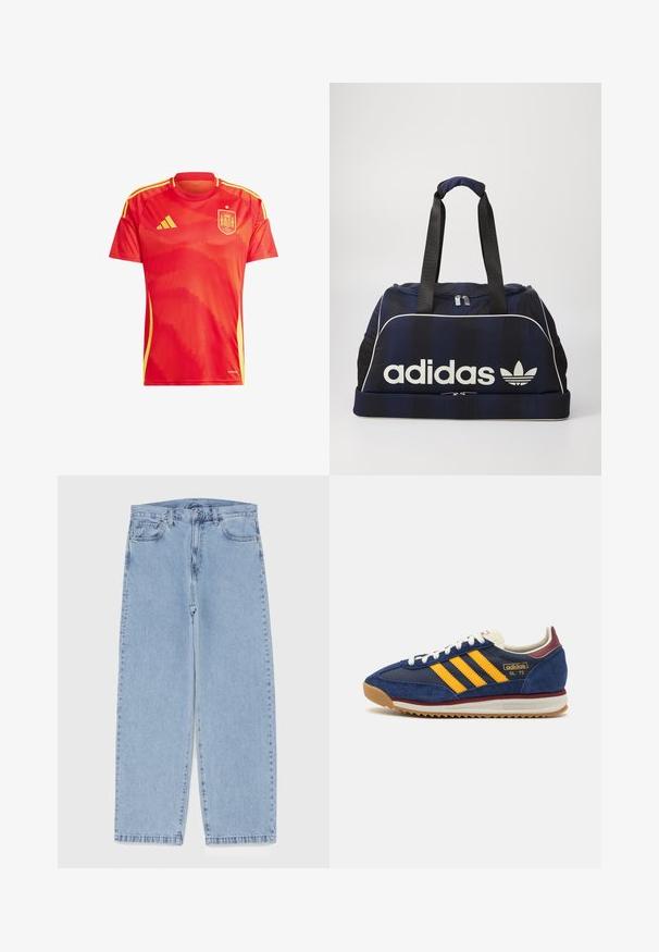 Červené športové tričko s krátkymi rukávmi, ktoré má štruktúrovaný dizajn, žlté akcenty a logo národného futbalového tímu Španielska.; Svetlomodré denimové džínsy s rovnými nohavicami, s polovysokým pásom, piatimi vreckami a zapínaním na gombík a zips.; Námorné semišové tenisky so žltými pruhmi, bielymi šnúrkami a vínovými akcentmi. Textúrovaná podrážka so zarezmi pre trakciu. Logo značky na boku.; Námorný športový vak s bielym logom Adidas, s uzatváraním na zips, dvoma pevným čiernymi uchami a bočnými sieťovanými vreckami. Hladký textúra látky.