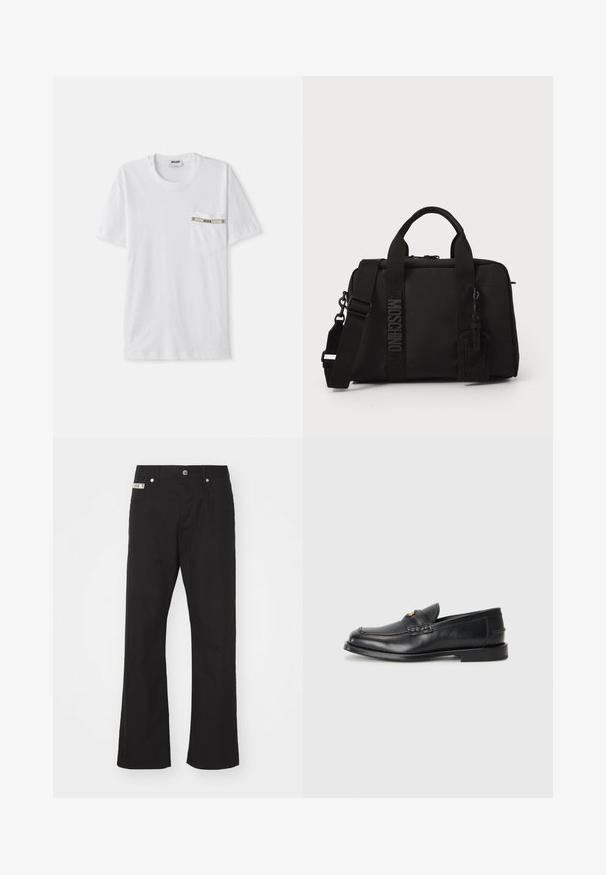 Balta kokvilnas T-kreklis ar īsām piedurknēm, apaļu kakla izgriezumu un kreisajā krūtī kabatu ar sudraba akcentu, uz kuras redzams "MOSCHINO" uzraksts.; Melni kokvilnas bikses ar taisnas kājas dizainu, ar priekšējo pogu aizdari, divām sānu kabatām un mazu zīmola etiķeti jostasvietā.; Melnā ādas mokasīni ir ar noapaļotu purngalu, šūšanas detaļām un nelielu zelta akcentu priekšpusē. Zole ir plaka un diskrēta.; Melnas tekstila soma ar divām rokturiem un noņemamu plecu siksnu. Iezīmēta ar iegravētu logo un ādas piekariņu. Gluda tekstūra, taisnstūra forma.