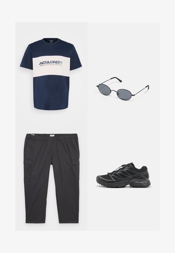 Jack & Jones JJELEGACY BLOCKING TEE O NECK - Print T-shirt - navy; Black cargo pants with an elastic waistband, side pockets, and snap button accents. Made of lightweight, smooth fabric.; Black running shoe with mesh and synthetic upper, flexible outsole, and elastic laces. Features a cushioned midsole for comfort.; Black oval sunglasses with dark lenses and thin metal frames. Features slender arms with a subtle curve at the ends.
