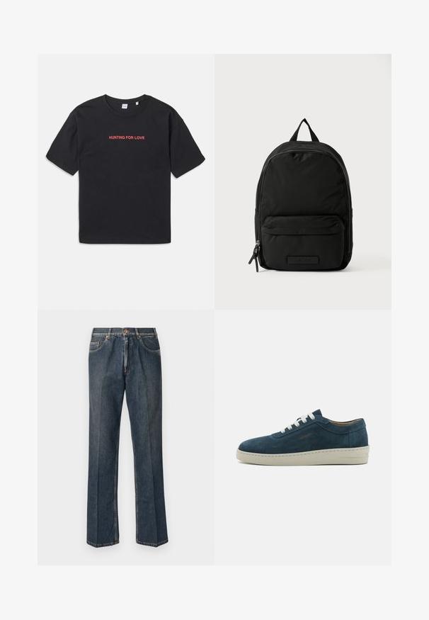 Juodas medvilninis marškinėliai trumpomis rankovėmis, su raudona siuvinėta užrašu "IEŠKOME MEILĖS" krūtinėje. Paprasta ir laisva forma.; Tamsiai mėlynos tiesios kojos džinsai su priekiniais mygtukais, užtrauktuku, dviem priekinėmis kišenėmis ir matomomis vertikaliomis raukšlėmis nuo kelnių šonų.; Mėlyni zomšiniai sportbačiai su suapvalintu priekiu, baltais raišteliais ir guminėmis padais. Yra subtilių siuvinėjimų ir ženklas ant šono.; Juodas nailono kuprinė su apvalia forma, užtrauktuku užsegamais skyreliais, priekinėmis kišenėmis ir viršutine rankena. Pasižymi minimaliu prekių ženklo ženklinimu priekyje.