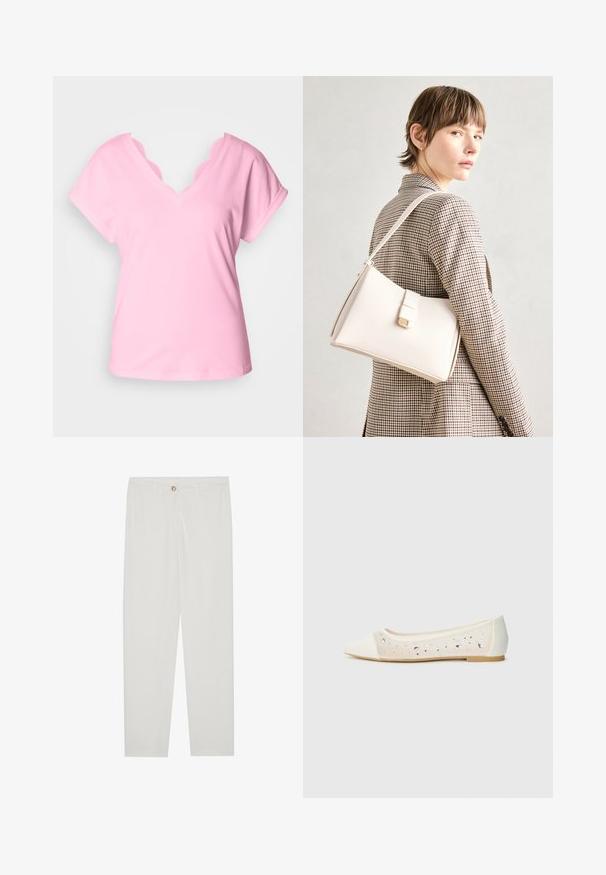 Pink V-hals t-shirt med korte ærmer, har bølgede blondekant ved udskæring. Fremstillet af blødt bomuldsstoff, ensfarvet, løs pasform.; Hvide, skrædderlavede bukser med lige ben design, udstyret med knaplukning, bæltesløjfer og sidelommer; glat stoftekstur.; Spidse flade sko i cremefarvet læder med gennemsigtig overdel prydet med spredte rhinsten. Blød sål for komfort, minimalistisk design.; Hvid læder håndtaske med en struktureret design, der har en magnetlukning og en skulderrem, præsenteret mod en neutral baggrund.