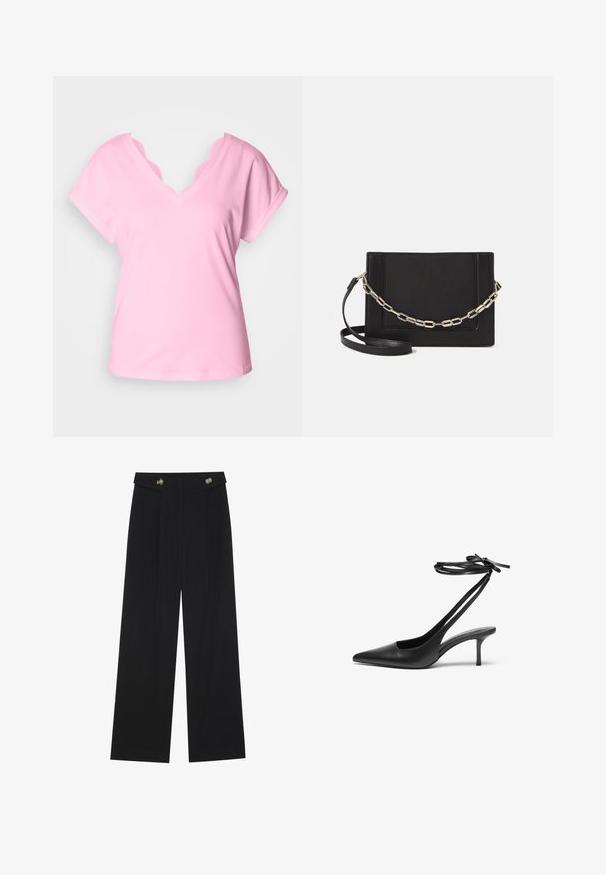 T-shirt rosa com decote em V e mangas curtas, apresenta um acabamento de renda ondulada na gola. Feito de algodão macio, em cor sólida, com um corte descontraído.; Calças largas pretas com cintura alta, detalhes em botão na cintura e pregas frontais.; Shoe stileto de couro preto com bico fino, parte traseira aberta e tiras de tornozelo atadas em um laço. Salto fino de 7,5 cm. Textura suave, design minimalista.; Bolsa crossbody de couro preto com uma textura suave, forma retangular e um detalhe em corrente metálica na frente. Inclui uma alça ajustável.