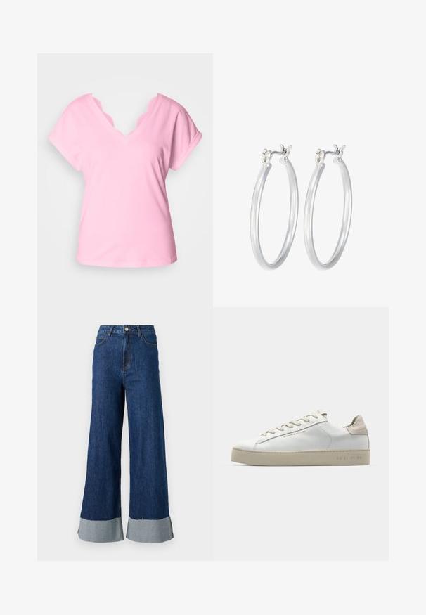 Růžové tričko s V-výstřihem a krátkými rukávy, má krajkový lem s vlnkovým okrajem na výstřihu. Vyrobeno z měkké bavlny, jednobarevné, volný střih.; Kalhoty z denimu s širokými nohavicemi v tmavě modré barvě, se světle modrým kontrastním nápletem a klasickým pěti-kapsovým designem.; Bílé kožené tenisky s hladkým povrchem, béžovými semišovými akcenty, kulatou špičkou, plochým šněrováním a texturovanou gumovou podrážkou.; Stříbrné kruhové náušnice s hladkým, lesklým povrchem. Kulatý tvar a bezpečné zapínání na klip. Lehký design vhodný pro každodenní nošení.