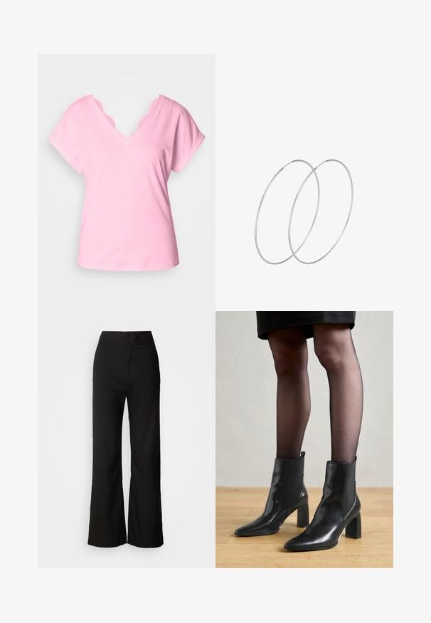 Camiseta de algodón de color rosa con escote en V y mangas cortas, cuenta con un delicado borde de encaje en el cuello. Tejido suave, de color sólido y corte holgado.; Pantalones de pierna ancha negros con una textura suave, cintura alta y un diseño limpio. Sin bolsillos visibles ni adornos.; Botines de cuero negro hasta el tobillo con punta afilada, tacón cuadrado grueso y diseño elegante. Presentan paneles laterales elásticos para facilitar el uso.; Pendientes de aro plateados con un diseño minimalista. Forma circular, textura suave y perfil delgado. Livianos con un acabado pulido.