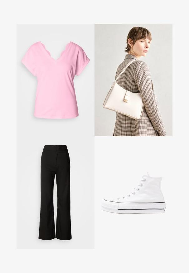 Rozā V-veida krekls ar īsām piedurknēm, ar viļņotu mežģīņu apdari ap kaklu. Izgatavots no mīksta kokvilnas, vienkrāsains, brīvs fit.; Melni platlegu bikses ar gludu tekstūru, augsto vidukli un tīru dizainu. Nav redzamu kabatu vai rotājumu.; Balti augstie kanvas sporta apavi ar melnu gumijas zoli, priekšējo gumijas purngalu un sešām acīm lencēm, kuriem ir tīrs, minimālistisks dizains.; Balta ādas rokassoma ar strukturētu dizainu, kurai ir magnētiska aizdare un plecu josta, parādīta uz neitrāla fona.; Sudraba riņķveida auss gredzeni ar gludu, pulētu apdari. Apaļa forma un drošs klikšķa augšējais slēgums. Viegls dizains, kas piemērots ikdienas valkāšanai.