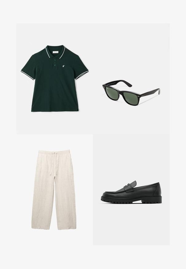 Pier One Polokošeľa - dark green; Ľanové nohavice v svetlej béžovej farbe, s elastickým pásom na šnúrku, širokým strihom a bočnými vreckami. Hladká textúra.; Čierne kožené mokasíny s okrúhlou špičkou, s prešitým dizajnom, nízkou platformou a textúrovanou, zúbkovanou gumovou podrážkou.; Čierne plastové slnečné okuliare so zelenými šošovkami, štvorcové rámy, strieborný akcent na obočí a textúrované ramenné opierky. Brand uvedený na vnútornej strane ramien.