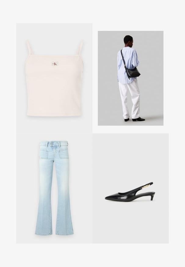 Gaiši rozā ribota bezpieša blūze ar plāniem siksnām, kurai ir kvadrāta formas dekoltē un neliela zīmola birka priekšpusē.; Gaiši zili flared džinsi izbalinātā denima, ar divām priekšējām kabatām, pogājamu jostasvietu un kontrastējošu šuvju detaļām. Gluda tekstūra.; Melnas ādas slingback zābaki ar smailu purngalu, ar šauru papēdi un zelta krāsas akcentu uz regulējama siksniņas. Gluda tekstūra.; Melna ādas plecu soma ar mīkstu tekstūru, trīsstūra formu un regulējamu siksnu, apvienota ar gaiši zilu svītrotu krekli un baltām biksēm.