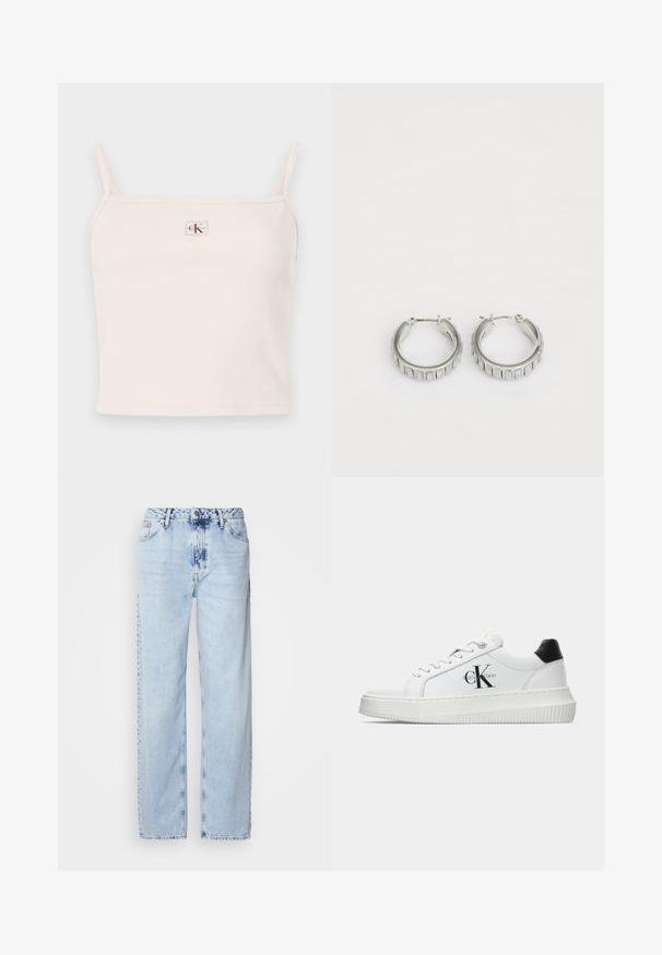 Svetloružový rebrovaný top s tenkými ramienkami, s hranatým výstrihom a malou značkovou visačkou vpredu.; Svetlomodré široké džínsy vyrobené z denimu, s vysokým pásom, vyblednutým umývaním a jemným vzorom batikovania na prednej strane.; Biele nízke tenisky s čiernym pätkovým dielom, platformovou podrážkou, šnúrkami a logom "CK" značky Calvin Klein na boku.; Strieborné kruhové náušnice s textúrovaným dizajnom, ktorý obsahuje vertikálne ryhy. Obdĺžnikový tvar so zabezpečovacím uzáverom. Hladký povrch.