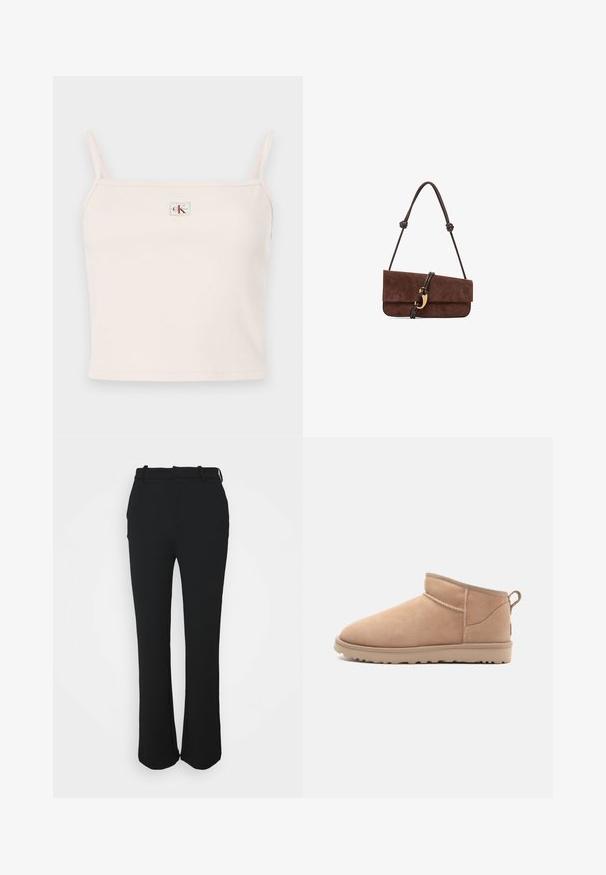 Canotta rosa chiaro a costine con spalline sottili, con scollatura quadrata e un piccolo etichetta logo sul davanti.; Pantaloni neri su misura con una finitura liscia, design a gamba dritta e una cintura. Presentano dettagli di cucitura discreti e nessuna tasca.; Stivale alla caviglia in suede beige con punta rotonda, texture morbida, design semplice e suola in gomma a profilo basso. Presenta un'etichetta di trazione sul retro.; Borsa in suede marrone con una lunga tracolla in pelle annodata. Caratterizzata da un design piegato e da accenti metallici dorati sulla chiusura frontale.