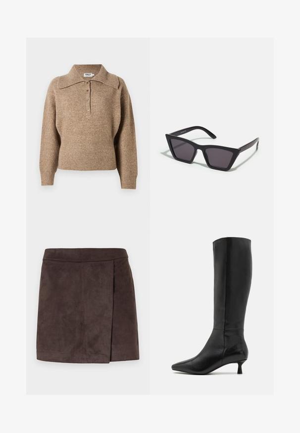 Brown sweater with a collared neckline, ribbed cuffs, and hem. Features a button-up front and soft texture.; Brown faux suede mini skirt with a smooth texture, featuring a side pleat detail, straight hem, and a fitted waistband.; Zign Boots - black; Black, angular sunglasses with gray lenses; made of plastic, featuring thick arms with a smooth surface and no visible hardware.