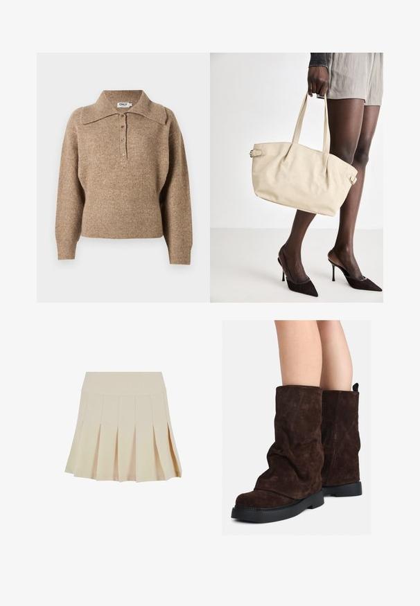 Hnedý sveter s golierovým výstrihom, rebrovanými manžetami a lemom. Obsahuje zapínanie na gombíky vpredu a je mäkký na dotyk.; Bežová plisovaná sukňa s priliehavým pásom, vyrobená z hladkej tkaniny. Má niekoľko vertikálnych plisovaní a rovný lem.; Hnedé semišové čižmy do polovice lýtok s čiernymi gumovými podrážkami nosené na holých nohách, s miernymi vráskami na šaftoch čižiem.; Béžová taška cez rameno s hladkým koženým povrchom, štruktúrovaným tvarom, dvoma uchami a bočnými detailmi s prackou. V kombinácii s elegantnými čiernymi lodičkami.; Krémová čelenka s vypchatím a vzorom vrkoča, skombinovaná s béžovo-bielym pruhovaným tričkom s okrúhlym výstrihom. Nápadné doplnky z jemného šperku.