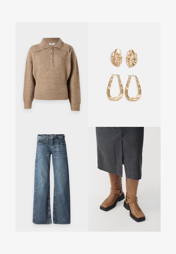 Bruine trui met een kraaghalslijn, geribde manchetten en zoom. Met een knoopsluiting aan de voorkant en een zachte textuur.; Lichtblauwe broek met wijde pijpen, gemaakt van denim. Beschikt over een vijf-pocket ontwerp, riemlussen en een vervaagd textuur. Rechte snit van taille tot zoom.; Bruine leren kniehoge laarzen met een vierkante neus, zwarte rubberen zool en verstelbare gespsluiting. Draagt bij een grijze streeprok.; Gouden oorbellen met een getextureerd, golvend ontwerp. Bevat sculpturale clip-on studs en een open ringontwerp met een gehamerd oppervlak.