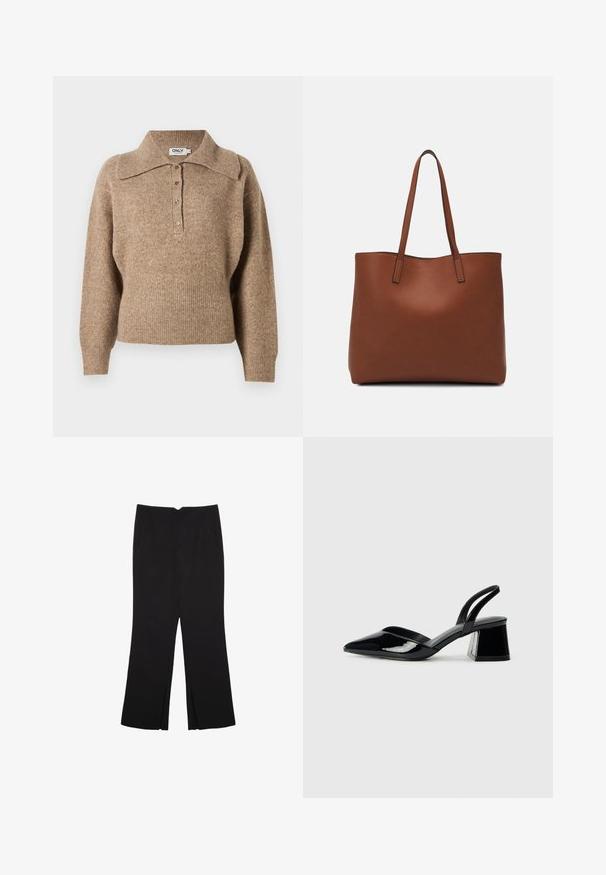 Smeđi pulover s ovratnikom, rebrastim manžetama i rubom. Ima kopčanje na gumbe sprijeda i mekanu teksturu.; Crne hlače ravnog kroja, s prednjim džepovima i bočnim prorezima na rubu. Izrađene od mekog i glatkog materijala. Pogodne za razne prigode.; Crne lakirane kožne sandale s otvorenom petom i špicastim vrhom, s geometrijskom blok petom. Imaju elegantan, minimalistički dizajn i glatku teksturu.; Smeđa kožna torba preko ramena s glatkom teksturom, otvorenim vrhom i dvjema naramenicama. Ima minimalne šavove i nema vidljivog hardvera.