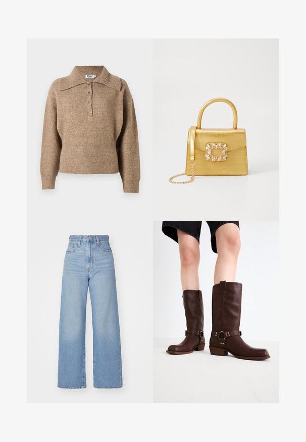 Brown sweater with a collared neckline, ribbed cuffs, and hem. Features a button-up front and soft texture.; Light blue high-waist wide-leg jeans with front button and zip closure, front and back pockets, on a white background.; Brown leather knee-high boots with a rounded toe, textured surface, ankle strap, and silver hardware detail; stacked heel.; Yellow faux-crocodile handbag with a structured design, top handle, detachable chain strap, and decorative crystal embellishment on the clasp.