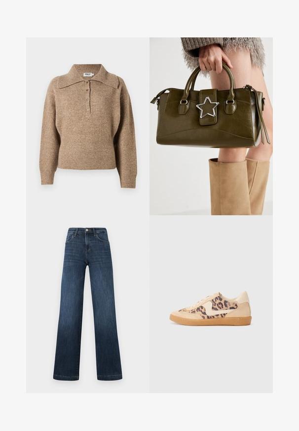 Brauner Pullover mit kragenförmigem Ausschnitt, gerippten Bündchen und Saum. Verfügt über eine Knopfleiste vorne und eine weiche Textur.; Dunkelblaue Denim-Jeans im weiten Bein-Design, ausgestattet mit fünf Taschen und einer Vorderknopf-Verschluss. Glatte Textur und klassische Nähdetails.; Löwenmuster-Sneaker mit beige Wildleder-Obermaterial, tanfarbener Gummisohle und weißen Akzenten. Runde Zehenform und Schnürdesign mit strukturiertem Finish.; Olivgrünes Kunstlederhandtasche mit silbernem Sternakzent, doppelten Griffen und einem Reißverschluss. Strukturierten Form und texturierten Oberfläche.