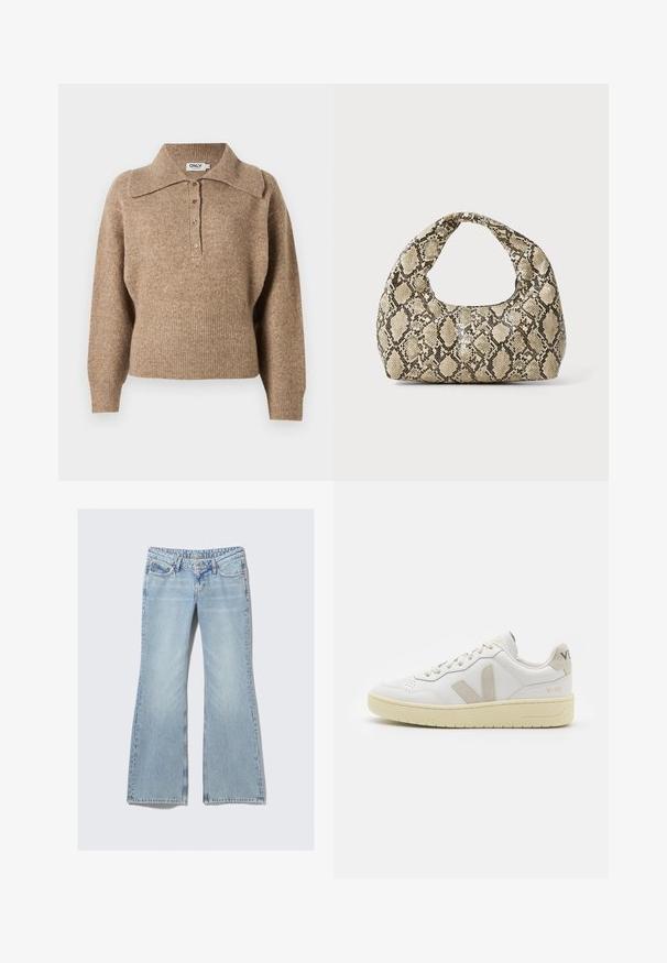 Pulover maro cu guler, cu mansete și tiv ondulate. Are un închidere cu nasturi pe față și o textură moale.; Weekday NOVA - Blugi slim fit - lip blue; Pantofii sport din piele albă cu accente din suede bej, cutie pentru degete perforată, șireturi plate și o talpă texturată de crem. Prezintă branding subtil pe călcâi.; Geantă cu imprimeu de șarpe, având un mâner curbat. Fabricată din materiale texturate, bej și maronii, cu un model distinctiv în formă de diamant.