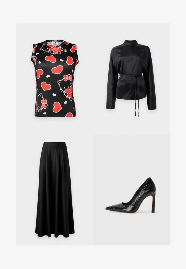 Black sleeveless top featuring a colorful pattern of Hello Kitty faces and red hearts. Made of smooth fabric with a round neckline.; Black satin long-sleeve shirt with a high collar, cinched waist, and adjustable drawstring detail. Smooth texture with a sleek finish.; Black, floor-length skirt with a smooth texture, wide waistband, and pleated design, featuring no visible patterns or embellishments.; Black pointed-toe high heel shoe with a crocodile-skin texture, featuring a sleek design, high stiletto heel, and smooth black interior.