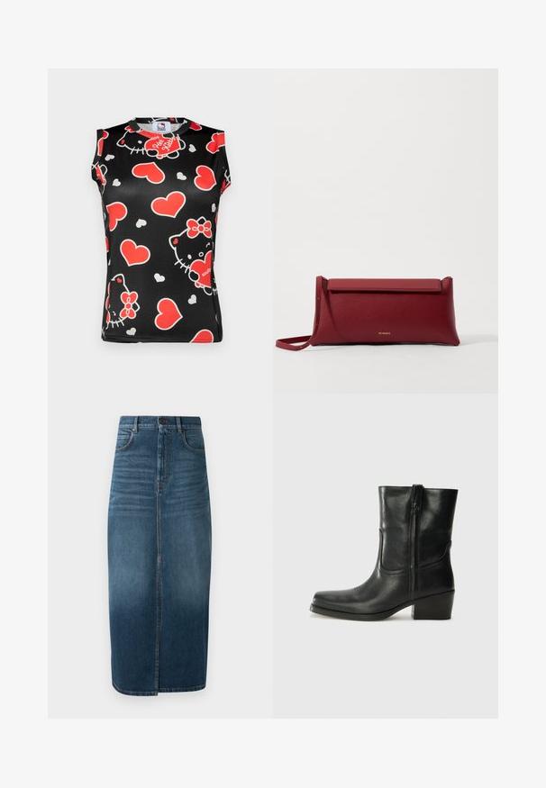 Zwarte mouwloze top met een kleurrijk patroon van Hello Kitty gezichten en rode harten. Gemaakt van soepel materiaal met een ronde halslijn.; Denim midi-rok in donker indigo, met een voorkeursplit en een lichte vervaging. Klassiek vijf-pocket ontwerp met metalen knoopsluiting.; Zwarte leren enkellaars met een ronde neus, blokhak, zijrits en stikselaccenten op de wreef. Gladde textuur, klassiek ontwerp.; Rode leren clutch met een gestructureerde afwerking, met een vlakke omvouwtop en een korte strap. Subtiele merklogo op de voorkant.
