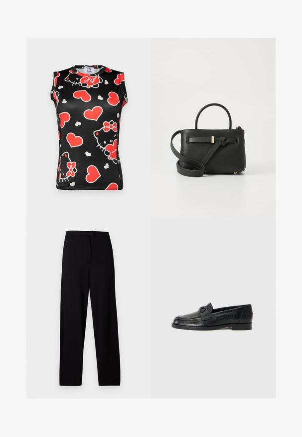 Czarny bezrękawnik z kolorowym wzorem twarzy Hello Kitty i czerwonych serc. Wykonany z gładkiego materiału z okrągłym dekoltem.; Czarne spodnie o szerokich nogawkach, wykonane z miękkiego, elastycznego materiału. Posiadają gładki pas i brak widocznych szwów oraz kieszeni. Prosty i uniwersalny design.; Czarne skórzane loafersy z gładką cholewką, wytłaczanym wzorem liniowym oraz dekoracyjnym zapięciem w przedniej części. Niski, blokowy obcas.; Czarna skórzana torebka o teksturowanym wykończeniu, z górnymi uchwytami i długim regulowanym paskiem. Posiada złote akcenty z hardware'u z przodu.